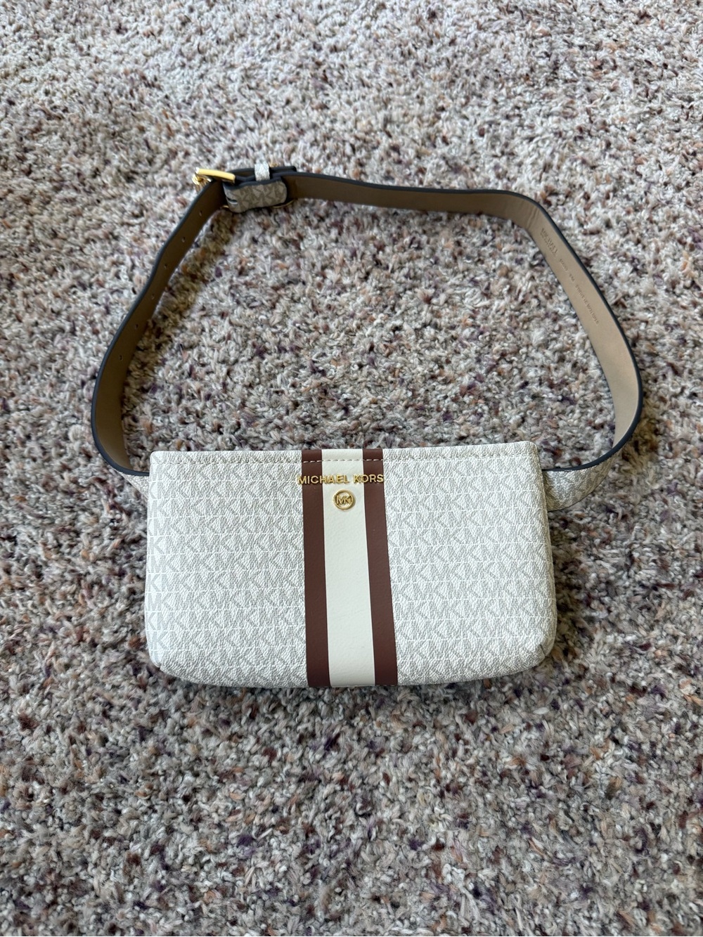 Michael Kors Cream and Brown Signature Stripe Crossbody Belt Bag